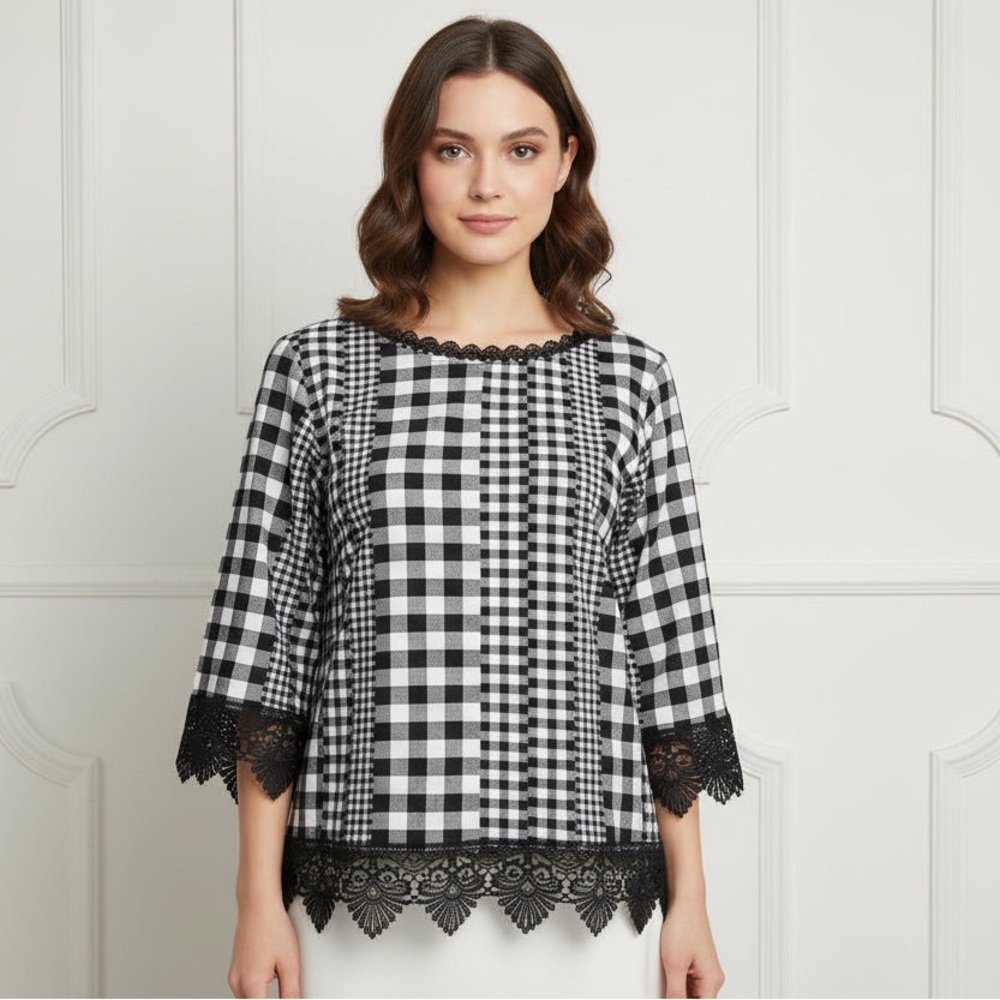 Allison Daley Black & White Gingham Blouse with Lace Trim